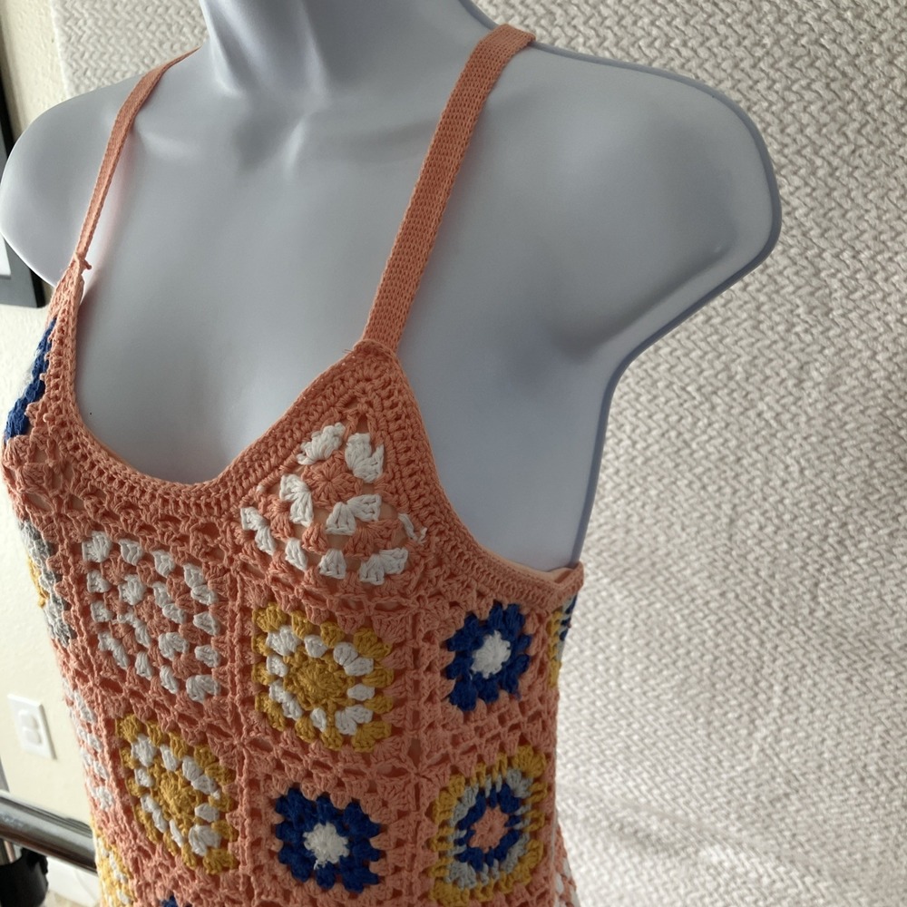 Pink Lily Crochet Halter Dress Colorful Granny Square Medium Boho Festival Gran - Picture 5 of 9